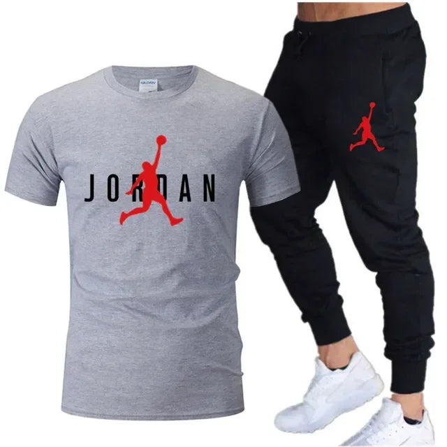 Summer Men's Tracksuit Suit Brand Short Sleeve T-Shirt + Trousers 2-Piece Sets Fitness Jogging Sports Pants Sportswear Suit
