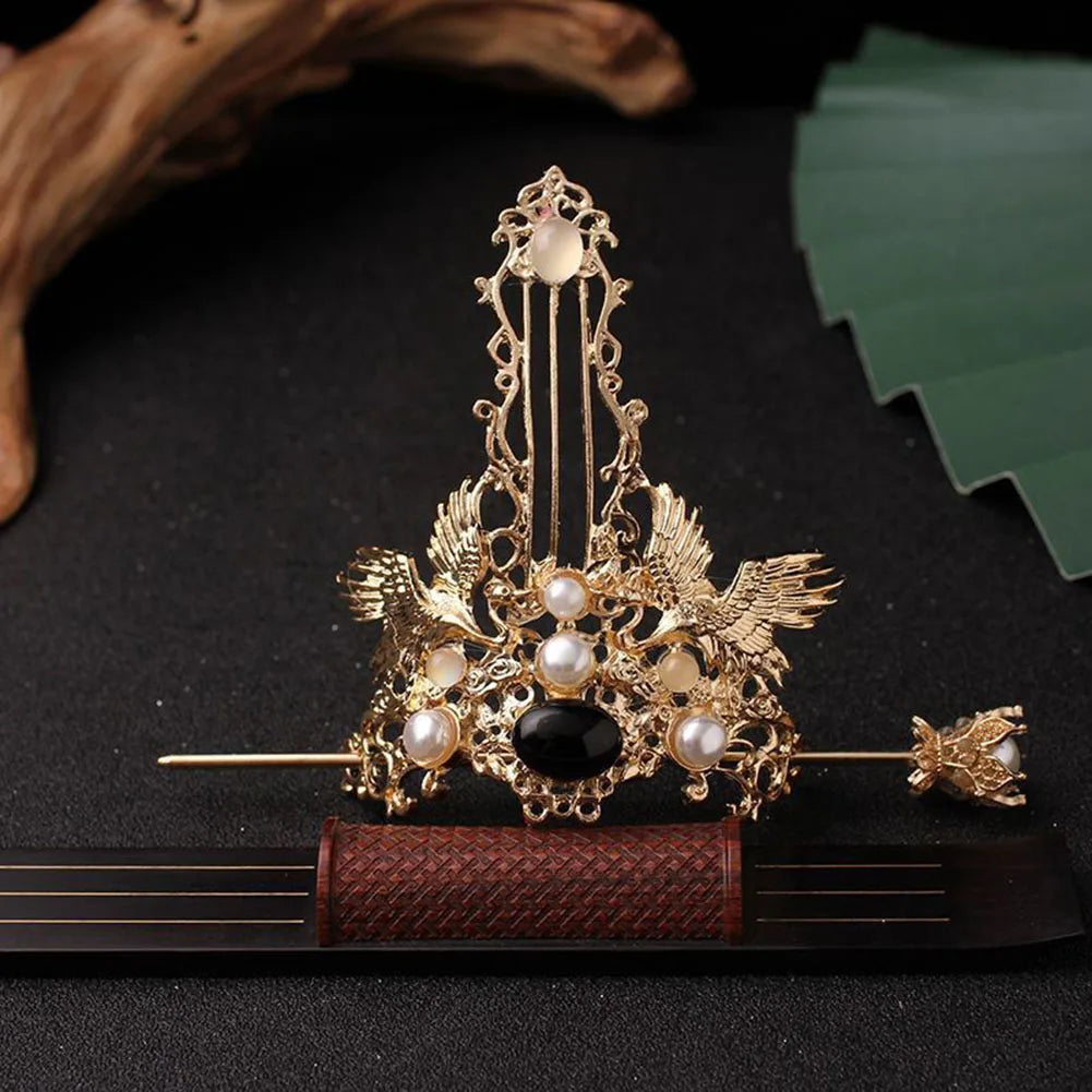Retro Chinese Hair Crown Golden Alloy Tiaras and Crowns Pearl Headbands with Hair Sticks Vintage Hair Jewelry for Men Women
