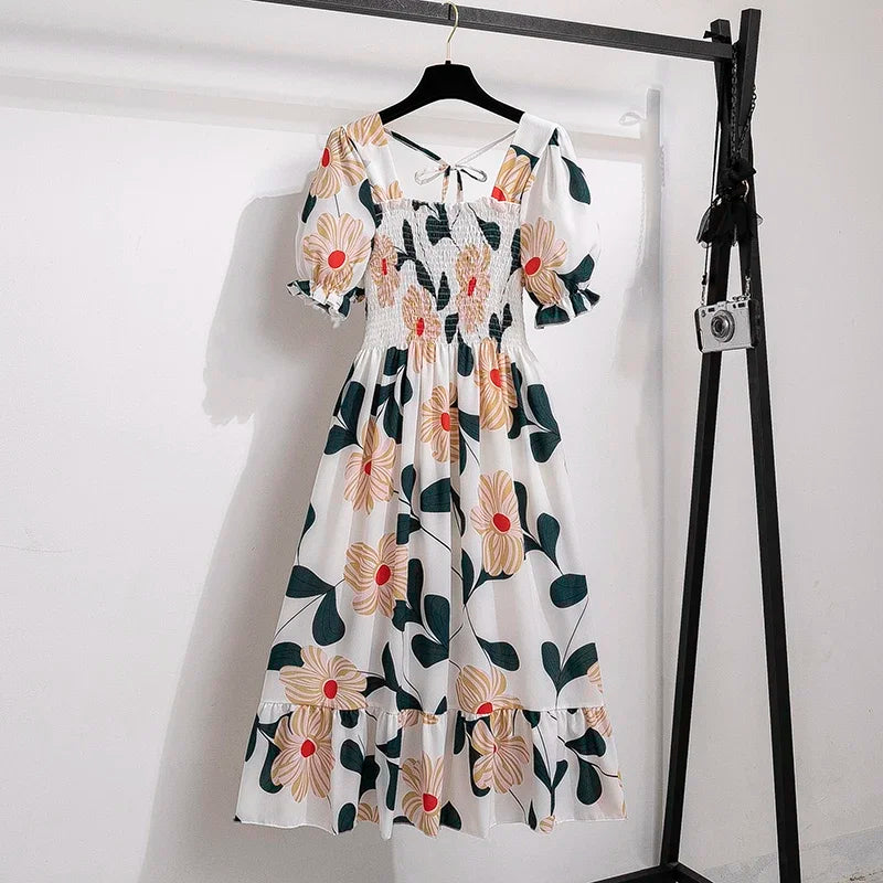 Chiffon Dresses Fashion Female Elastic Waist Short Sleeve Pleated Casual Dress Women A-line Dresses