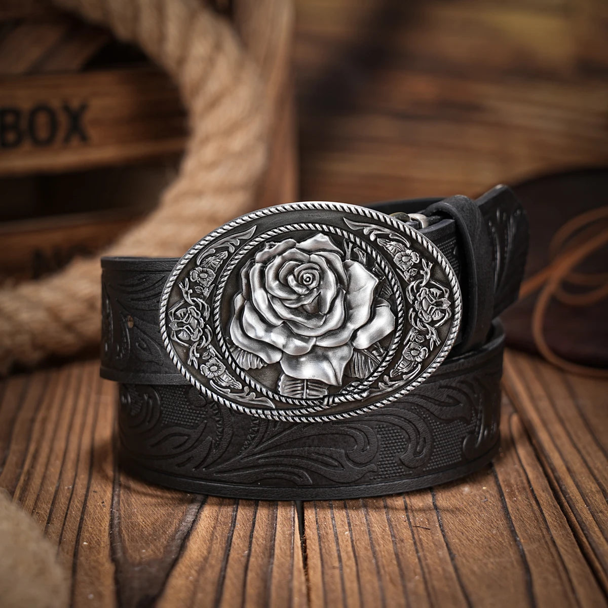 Western denim PU Belt -Women's decorative printed carved denim waistband Rose