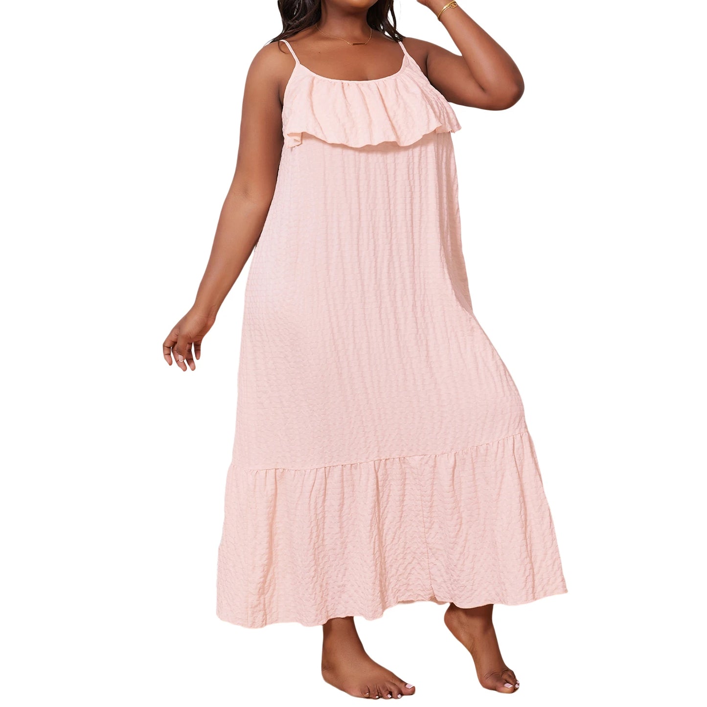 Round-Neck Ruffle Trim Sleeveless Spaghetti Strap