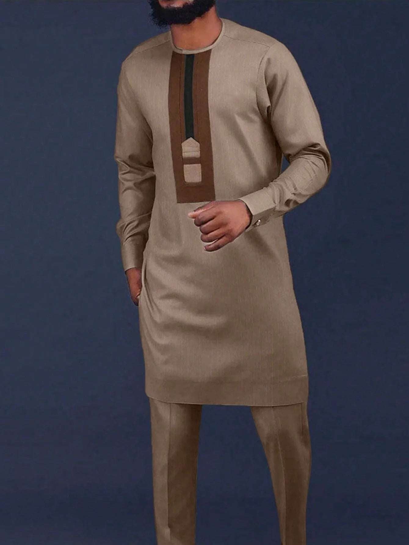 Men's  Wedding 2-Piece Suit Waist Pants Shirt Solid Color Panel Long Sleeve Party African Ethnic Style Clothing