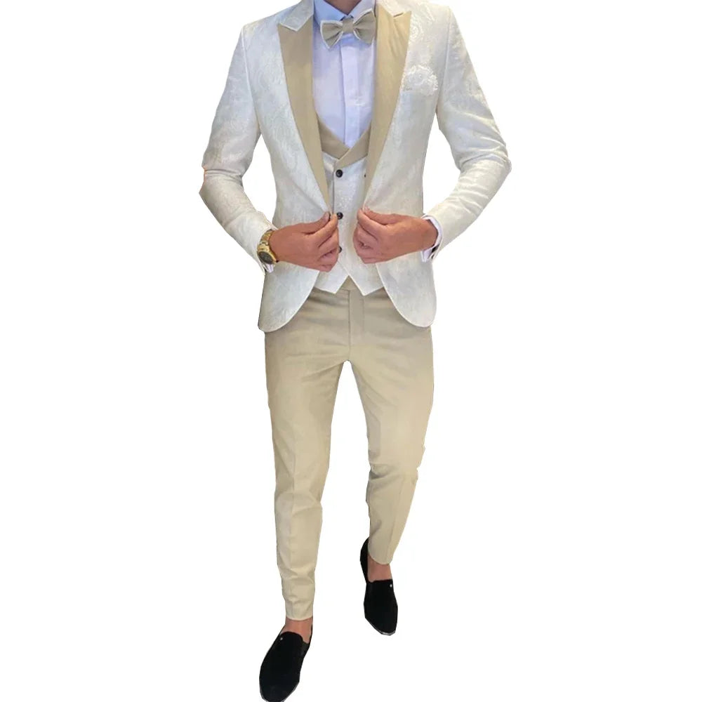 Ivory Men's Wedding Groom Suit 3 Piece Jacket Pants Vest Formal Tuxedo Elegant Men's Custom Suit  Bow tie not Included
