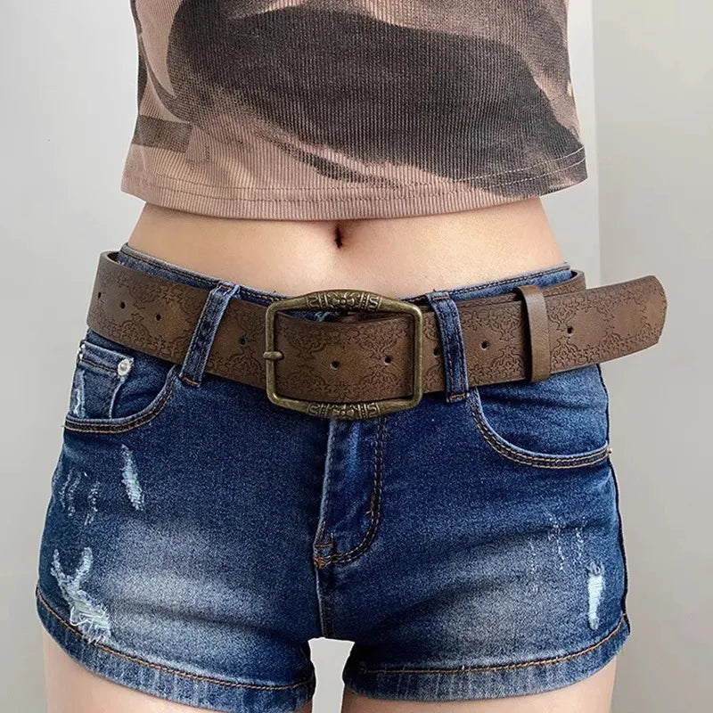 1pc Brown Floral Embossed Belt, Vintage American Style, Casual Ethnic Artisan Leather Belts