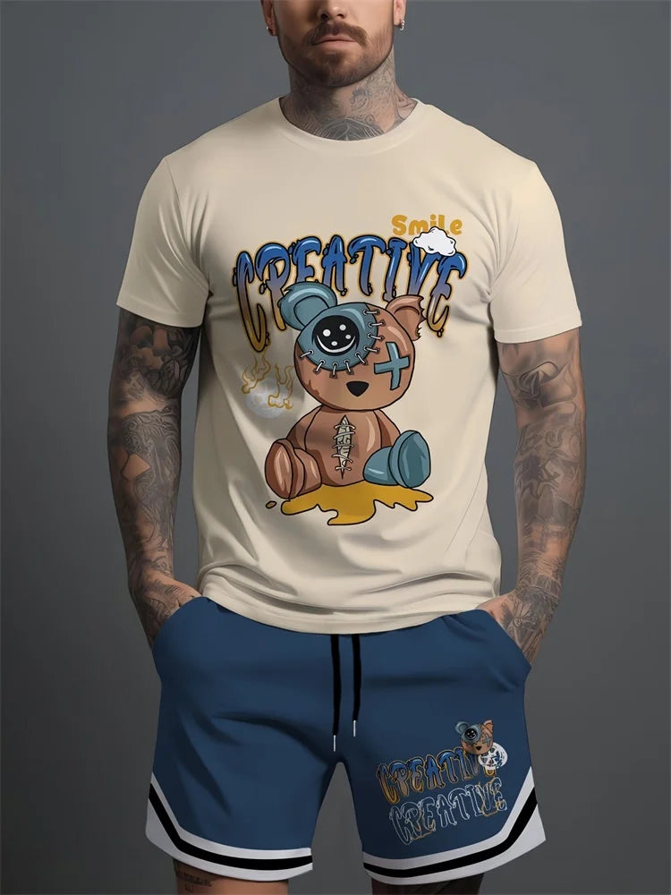 Hip Hop Style Personality Cartoon 3D Printed Men's Round Neck Short Sleeve 2 piece Fashionable Street Sports All-match Men's Suit