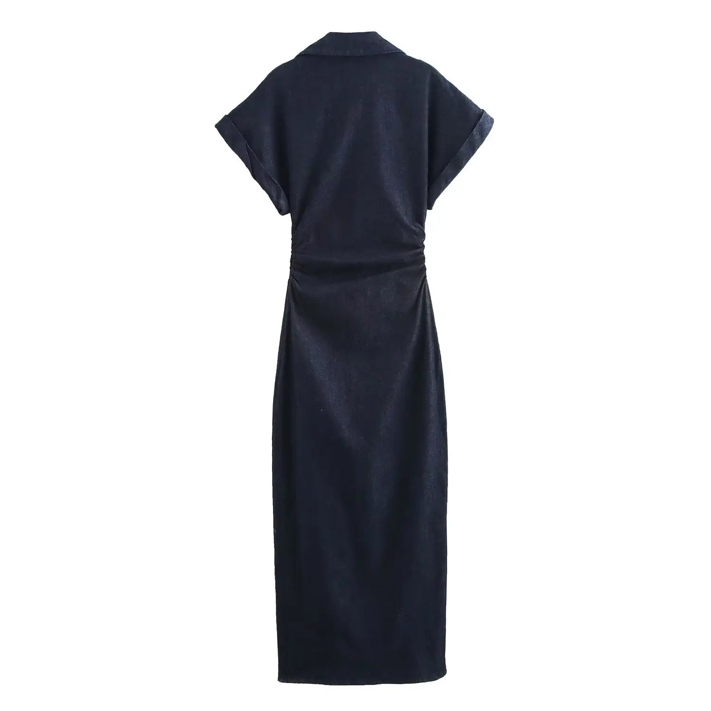 Spring 1975 series denim MIDI dress with lapel side zipper fashion wrinkle waist slim elegant dress