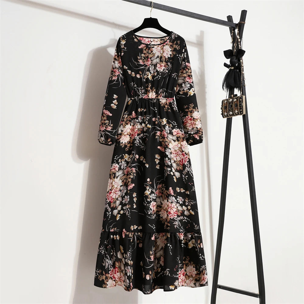 Spring Summer Women Maxi Dresses Casual Full Sleeve Floral Printed O-neck Woman Boho Beach Party Long Dress
