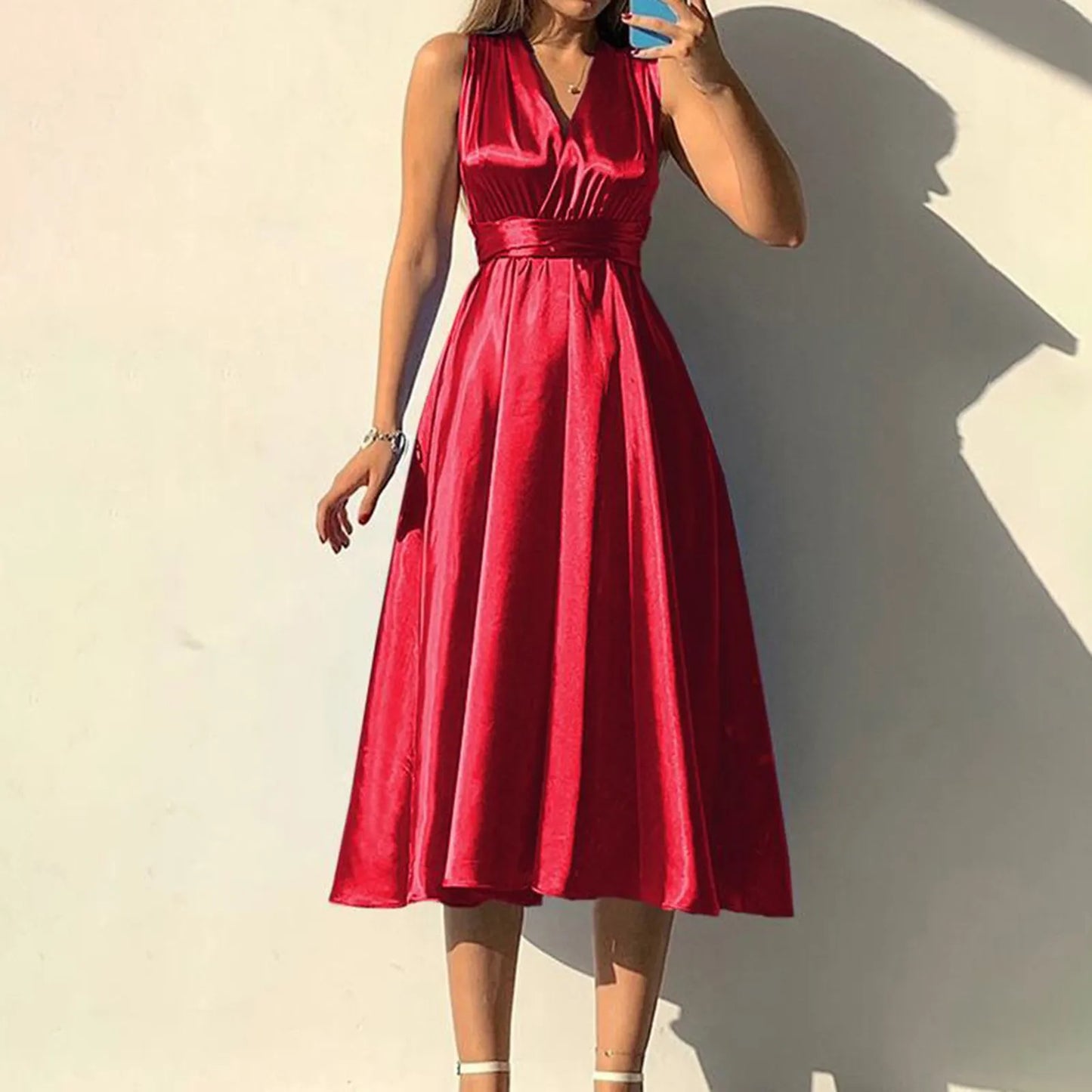 Sexy Deep V-neck Halter Neck Prom Dress for Women Fashion Elegant Satin Backless Sleeveless Evening Party Dress Female