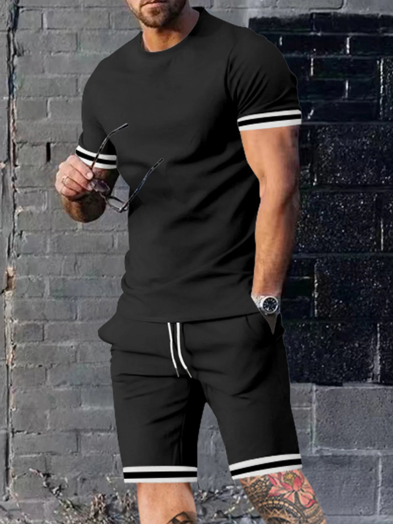 EUROPEAN AND AMERICAN MEN'S SUMMER MEN'S LOOSE SET SHORT SLEEVED SHORTS SPORTS CASUAL ROUND NECK TWO-PIECE SET MEN'S