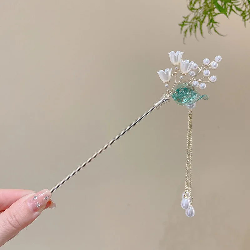Elegant Chinese Style Hair Accessory Romantic Enameled Flower Tassel Hair Pin Alloy Jewelry Hairpin For Women Fashion Hairpin