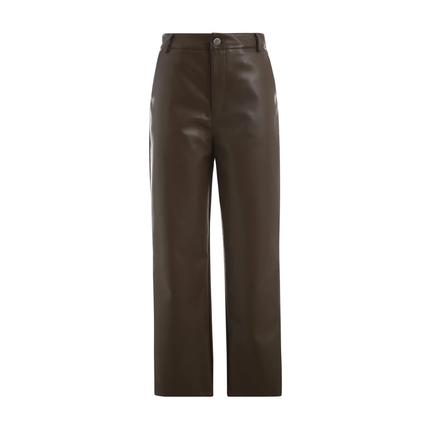 Women s Casual Loose Fit Trousers with Pockets High Waist Solid Color Straight-leg Pants in Faux Leather
