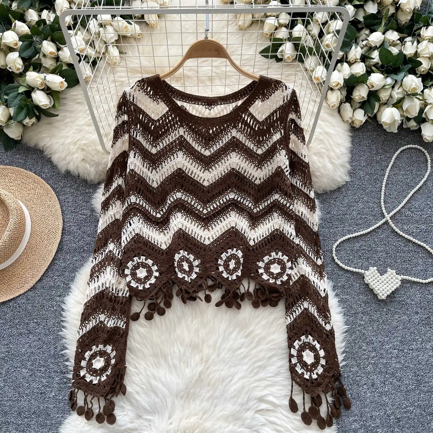 Crochet Top Long Sleeve O-Neck Wavy Striped Open-knit Pullover Sweater for Women Boho Vacation Outfit