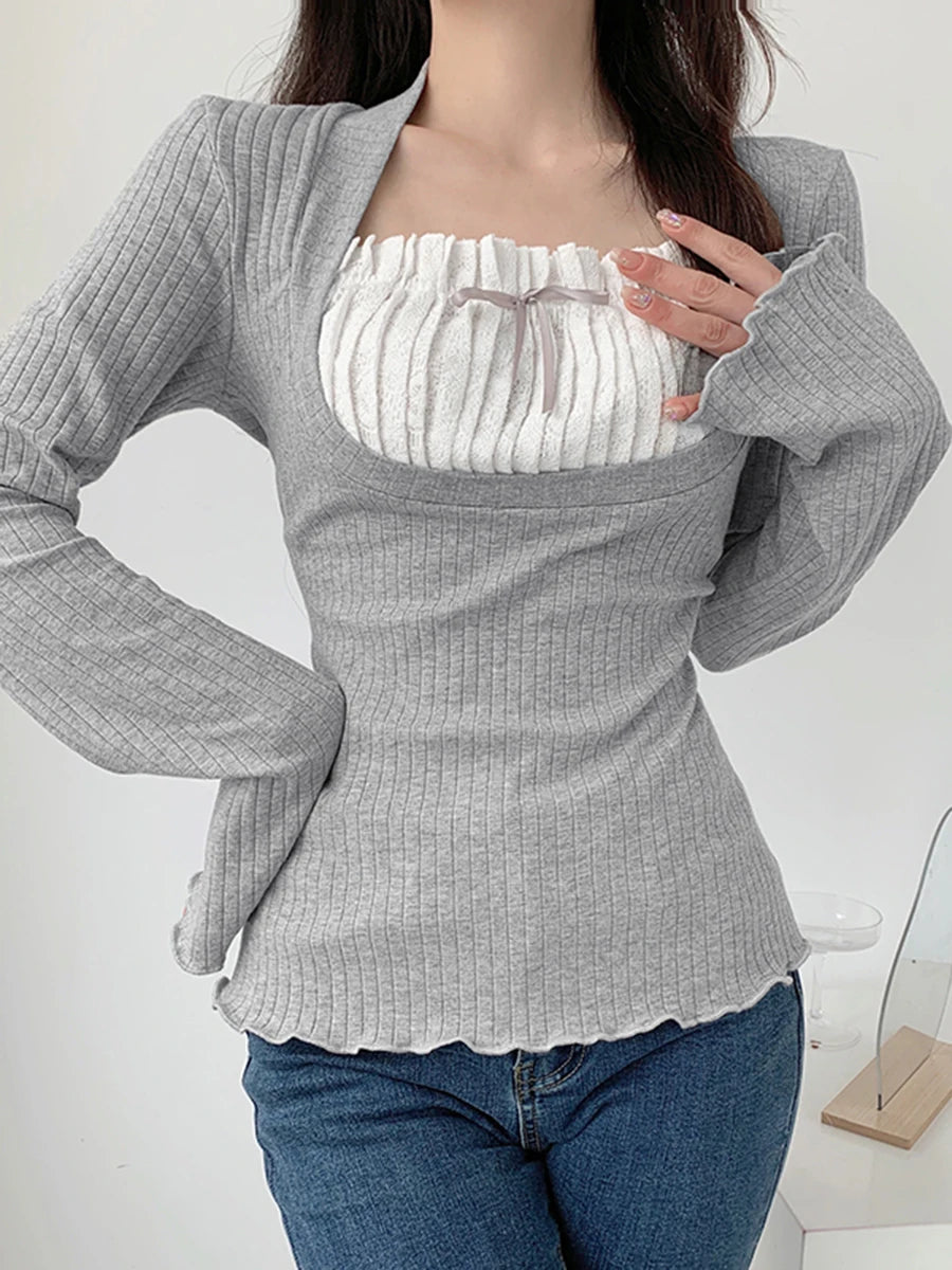 Tops for Women Fall Casual  Square Collar Contrast Color Long Sleeve Slim Lace Bow T Shirts