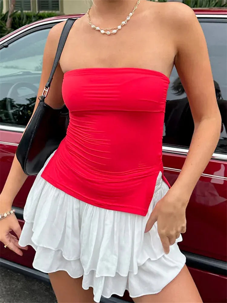 Women Tube Tops Solid Color Strapless Slit Tank Tops Summer Bandeau Cropped Tops Streetwear
