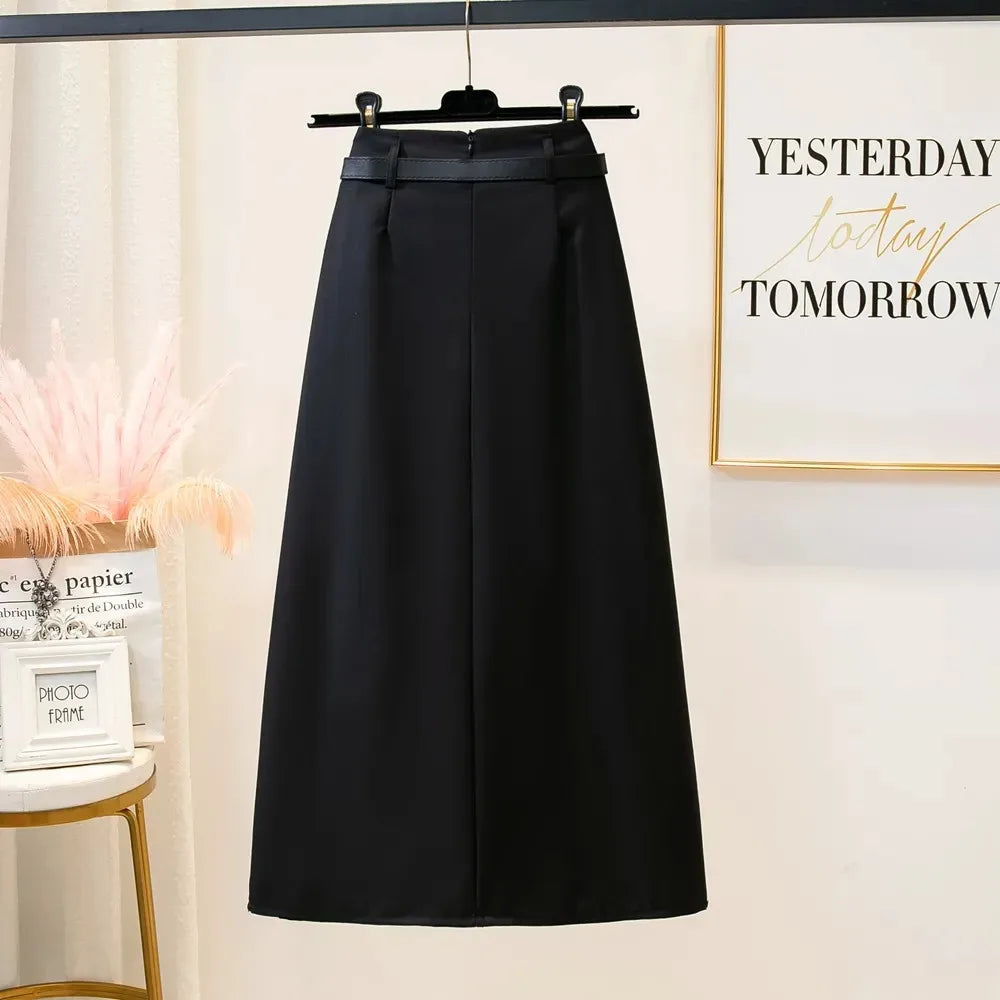 Suit Pleated Long Skirt With Belt  A Line Skirt Streetwear
