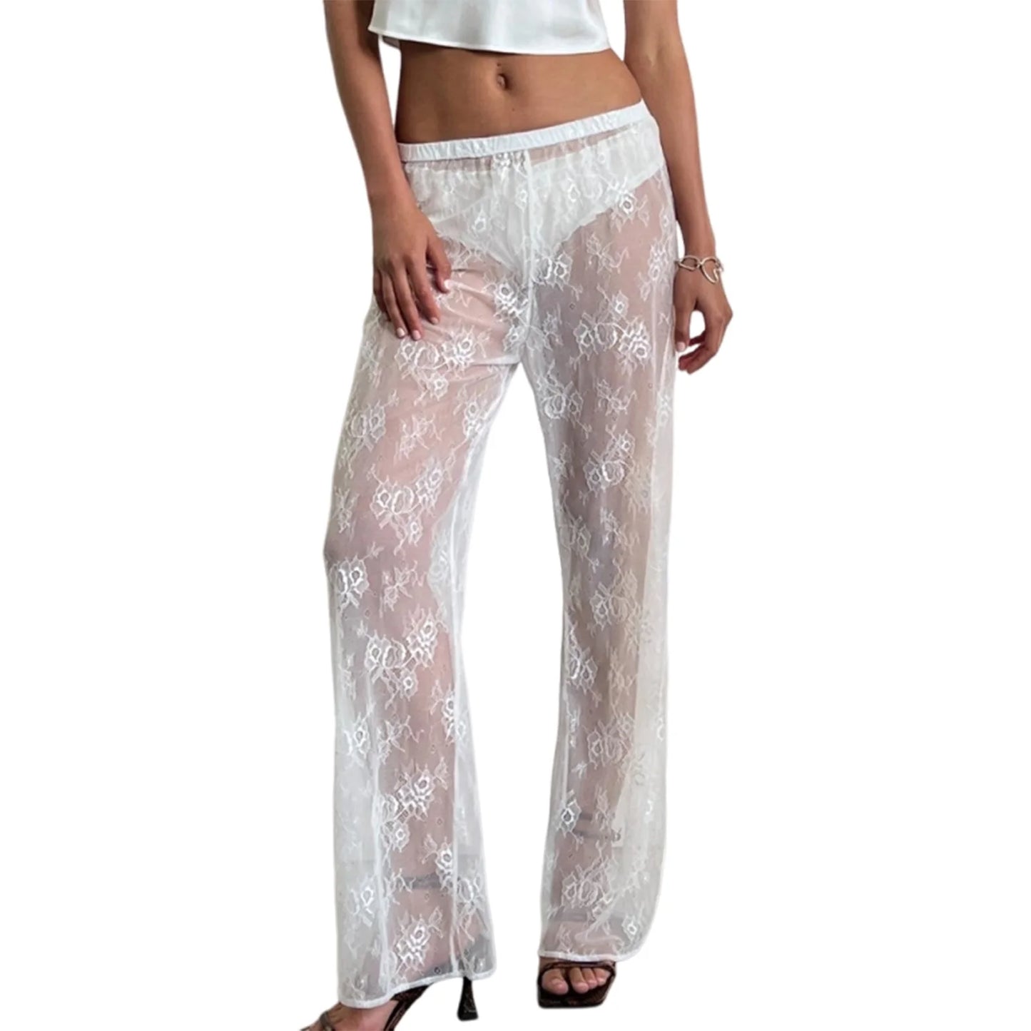 Women s Lace Pants Floral Pattern Sheer High Waist Wide Leg Trousers Elegant Casual Bottoms for Summer Beach Party Wear