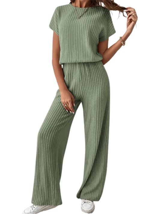 Women s 2 Piece Cozy Lounge Wear Set with Short Sleeve Ribbed Top and Wide Leg Pants for Casual Outings