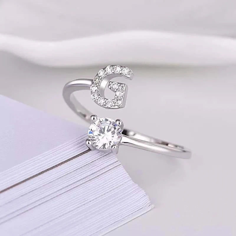 Shining Rhinestone 26 Letters Adjustable Rings  Initial A-Z Alphabet Opening Ring