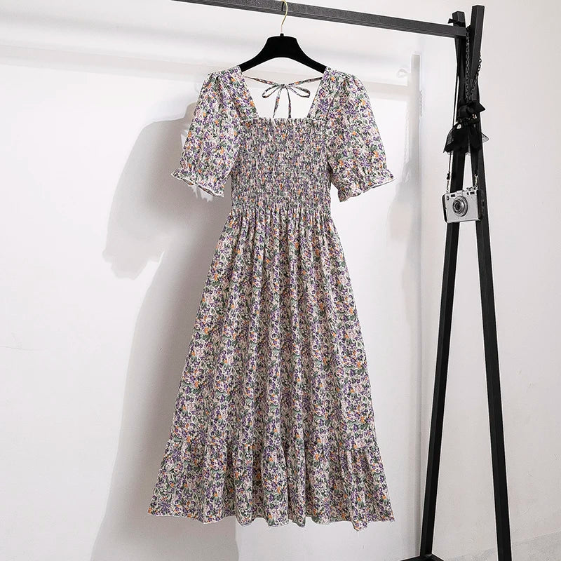 Chiffon Dresses Fashion Female Elastic Waist Short Sleeve Pleated Casual Dress Women A-line Dresses