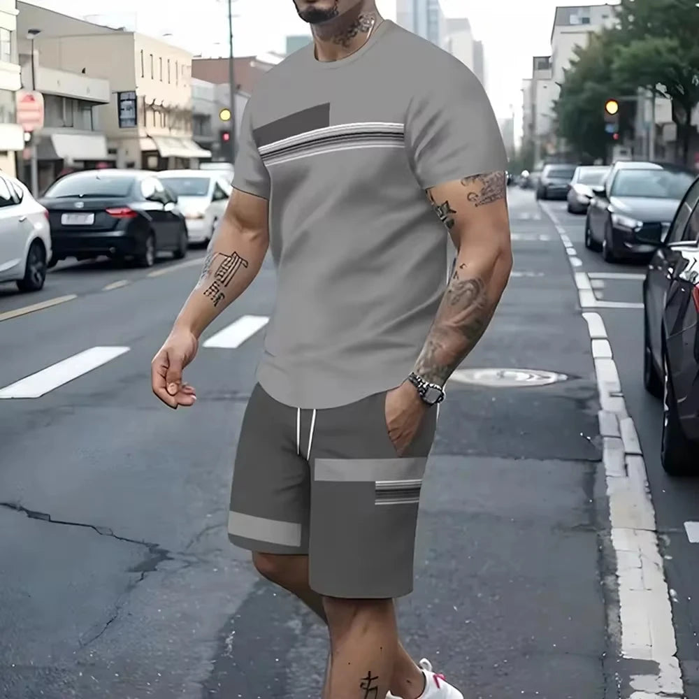 Two Piece Suit Men's Casual Pattern Printed Short Sleeve T-shirt and Sports Shorts Set Sports Set Fitness