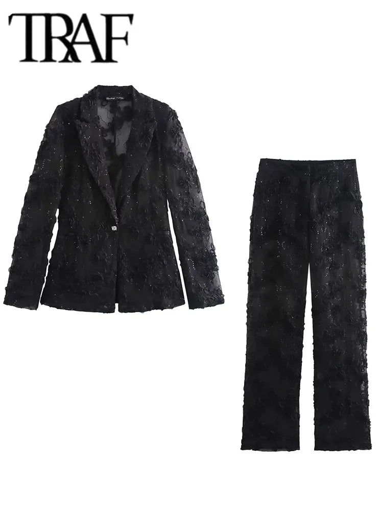 Sequin Pants Sets For Women 2 Pieces Fashion Translucent Blazer Coat Women's Suit Elegant Two Piece Women's Outfit