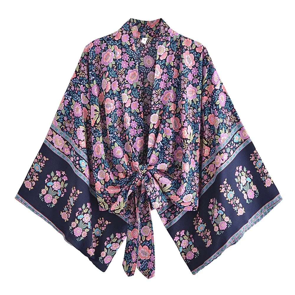 Hippie Queens Floral Print Sashes Short  Kimono Women Fashion V Neck Batwing Sleeves Lady Boho Bikini Cover-ups
