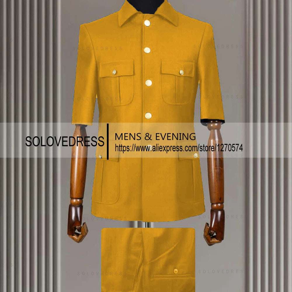 2 Piece Lapel Short Sleeves with 4 Real Pockets Single Breasted Slim Fit Summer Suits