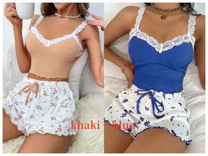 Women 2pc Pajama Set Pink Lace Patchwork V-Neck Sleepwear Sexy Nighties Suit Cami Top Printed Shorts