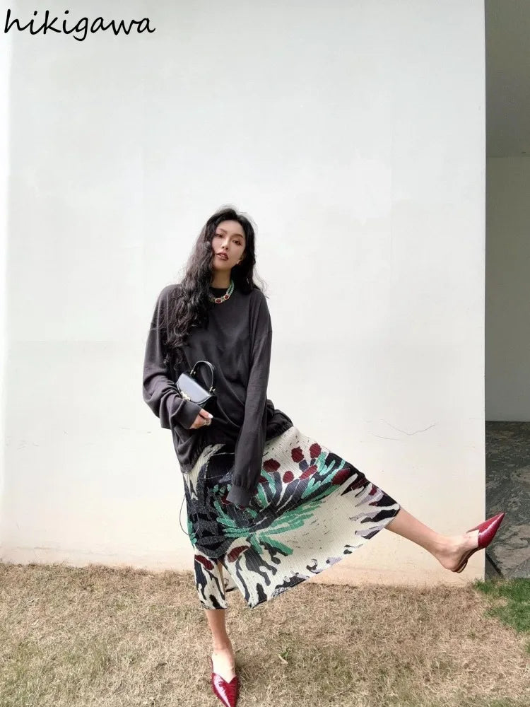 Floral Long  Vintage Loose High Waist Pleated Skirt