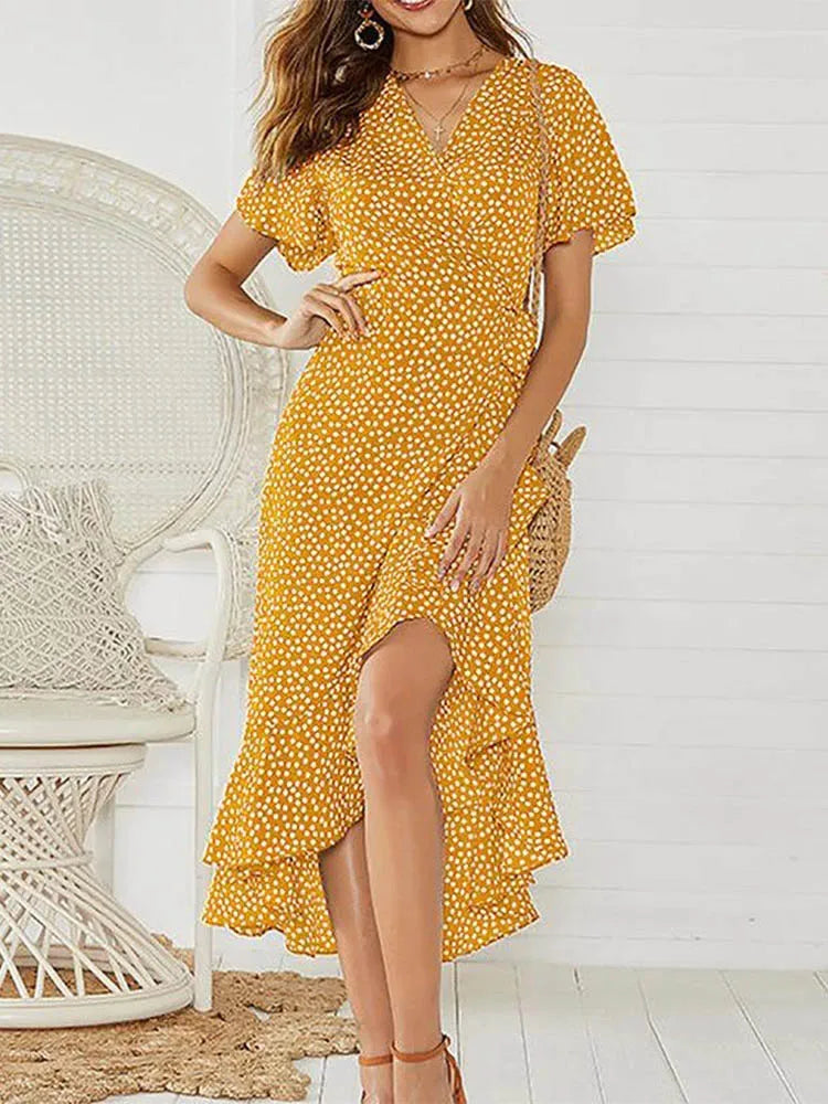 Summer Beach Maxi Dress Women's Floral Print Boho Long Chiffon Dress Ruffles Wrap Casual V-Neck Split Sexy Party Dress