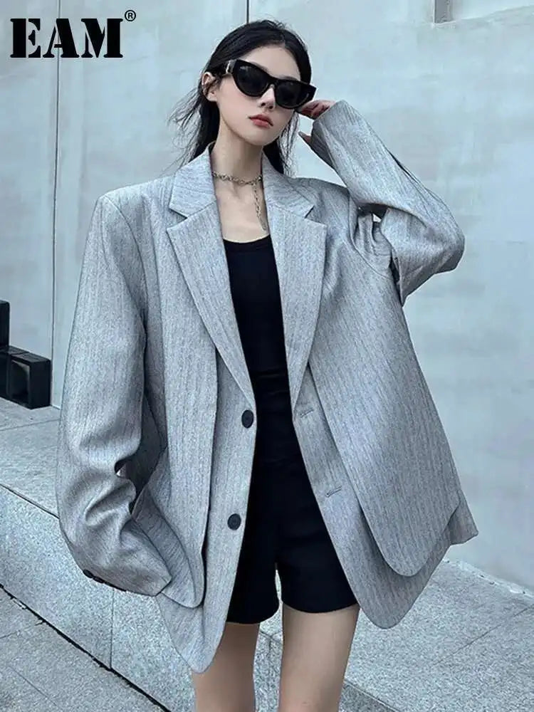 Women Gray Fake Two Pieces Big Size Blazer Lapel Long Sleeve Shoulder Pad Jacket Fashion