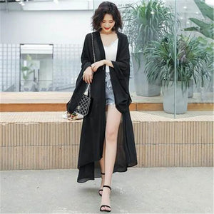 Summer Sun Protection Clothing Women Long Chiffon Cardigan Solid Color Ladies Shawl Female Cardigans Women Loose Thin Coats