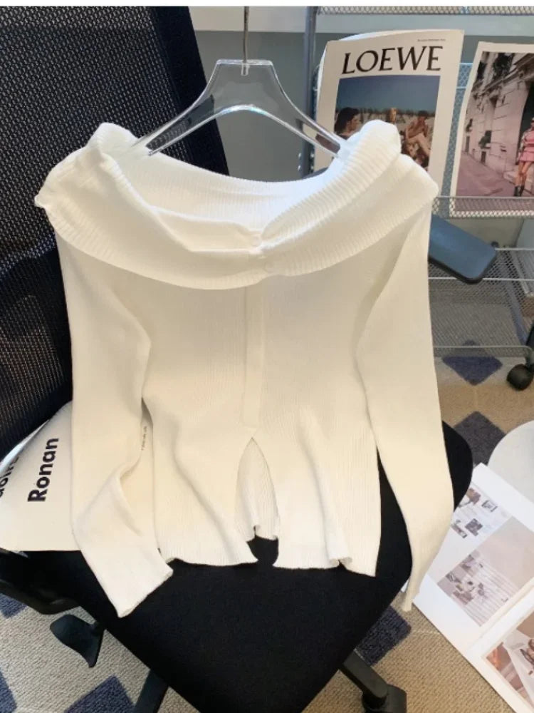 Striped Off Shoulder Knitted Top Casual Ruched Long Sleeve Split Sweater For Spring & Fall, Women's Clothing