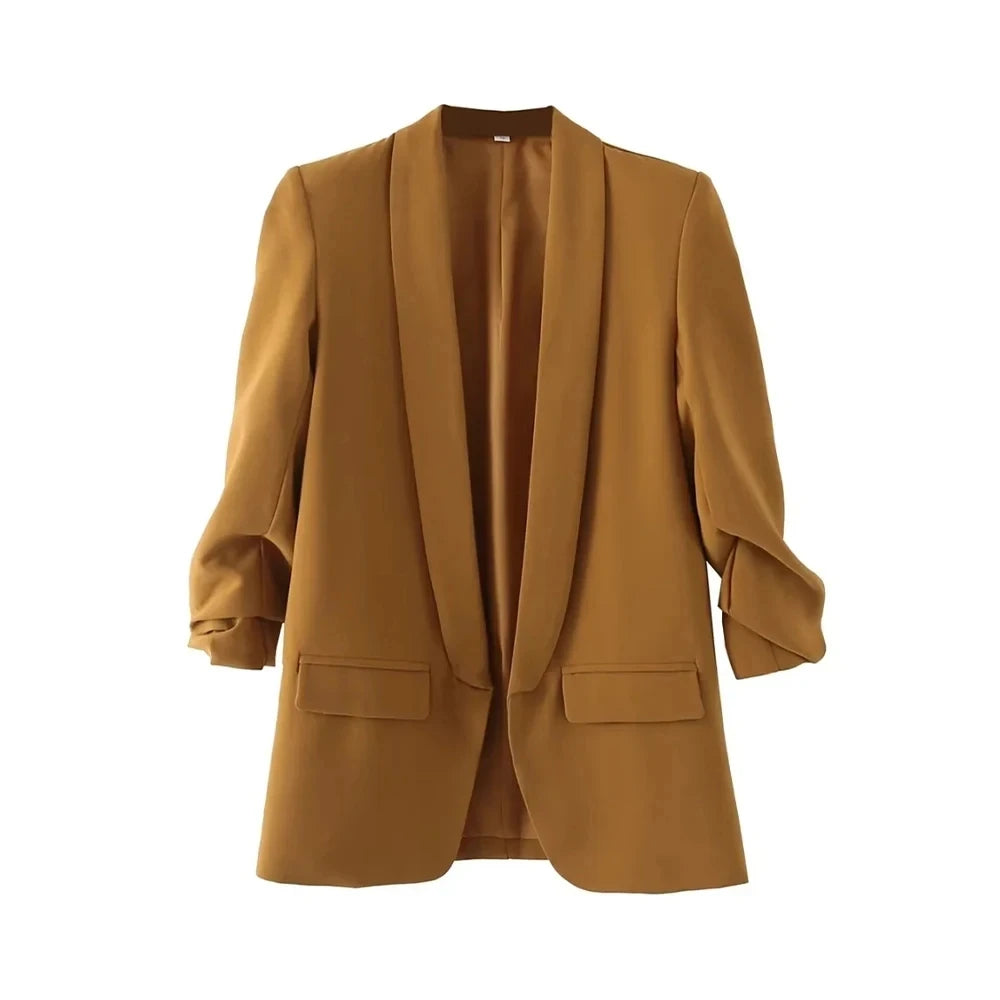 Fashion Office Wear Open Blazer  Vintage Long Pleated Sleeves Flap Pockets Female Outerwear Chic Tops