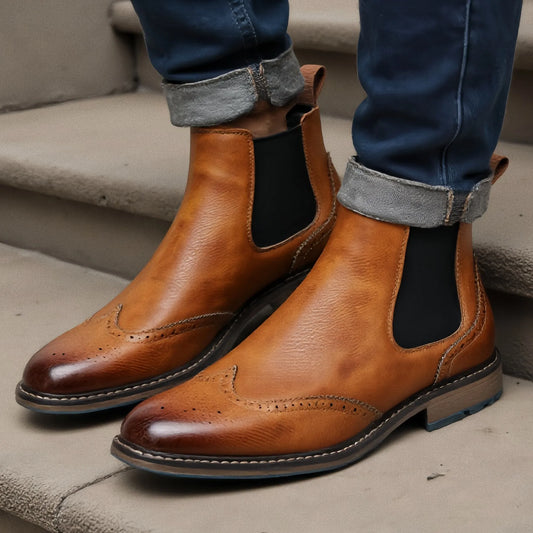 Brogue Chelsea Men Boots 2025 American style Comfortable Fashion Leather Boots