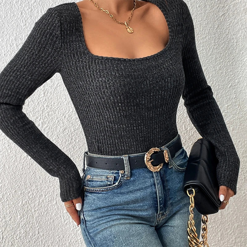 Square neck women's knitwear Vintage basic solid knit top Casual slim-fit jumper sweater Simple chic jumper