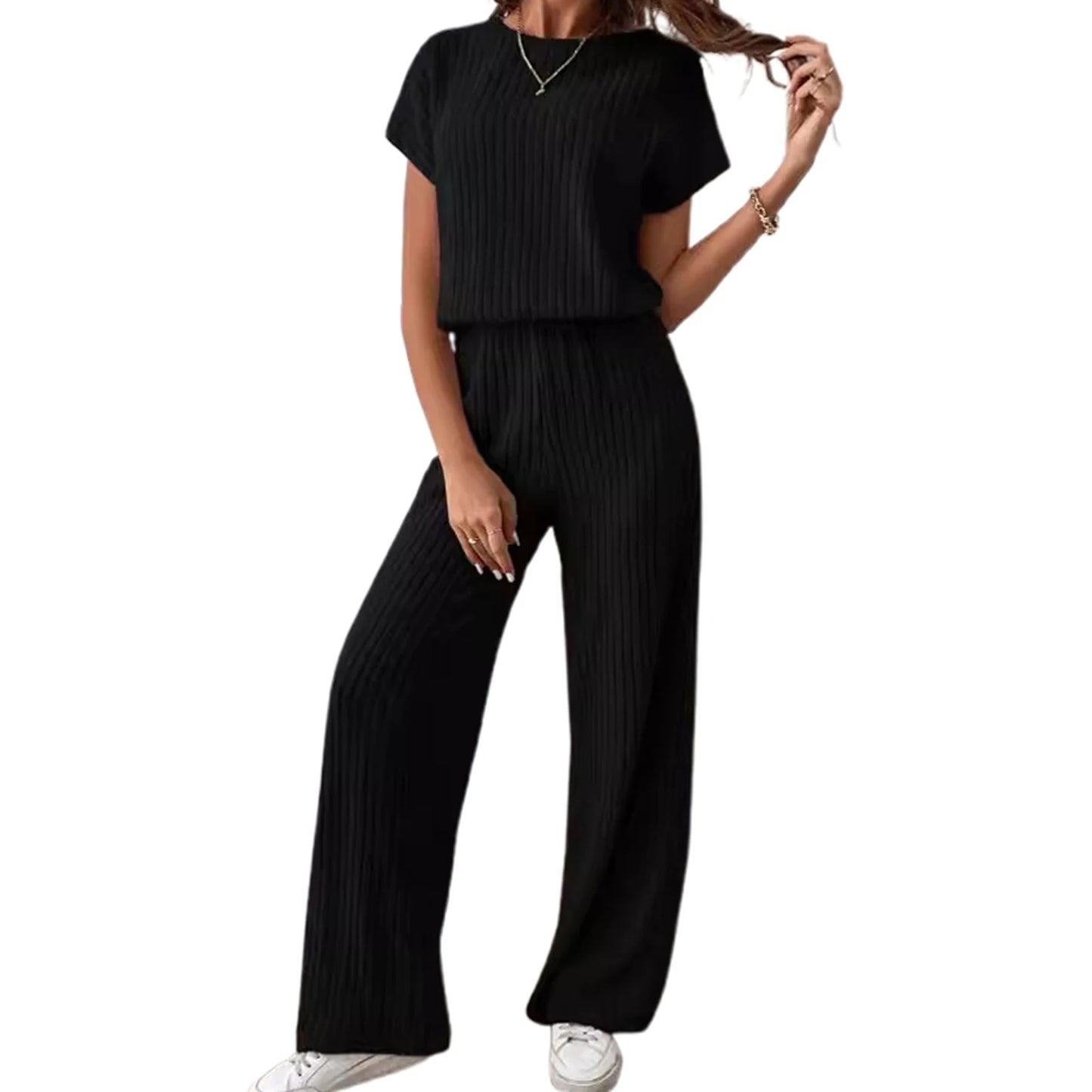 Women s 2 Piece Cozy Lounge Wear Set with Short Sleeve Ribbed Top and Wide Leg Pants for Casual Outings