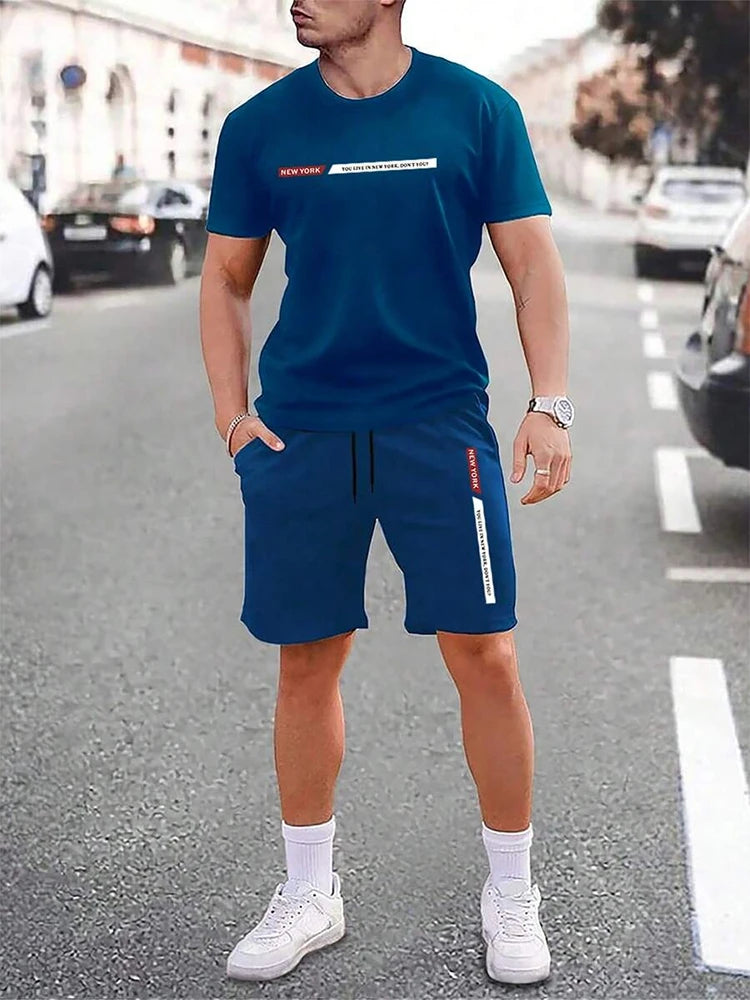 Urban street fashion trend men's crew neck short sleeve suit outdoor simple crew neck top casual and comfortable shorts