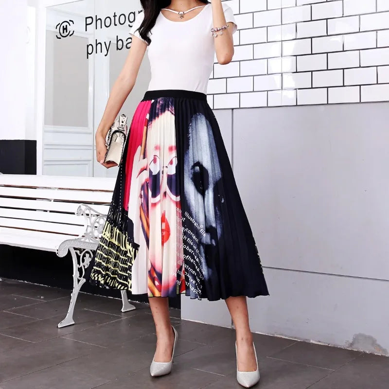 Cartoon Print Pleated  Long Skirt High Waist A-Line