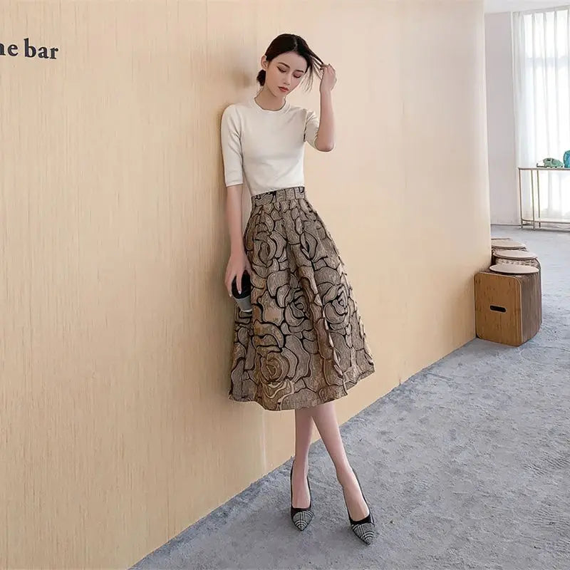 Zipper Spliced Gauze Folds Vintage Skirt Loose Office  High Waist