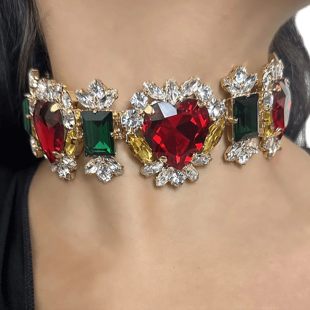Multicolor Heart Necklace and Earring Set Charm Rhinestone Statement Jewelry Set