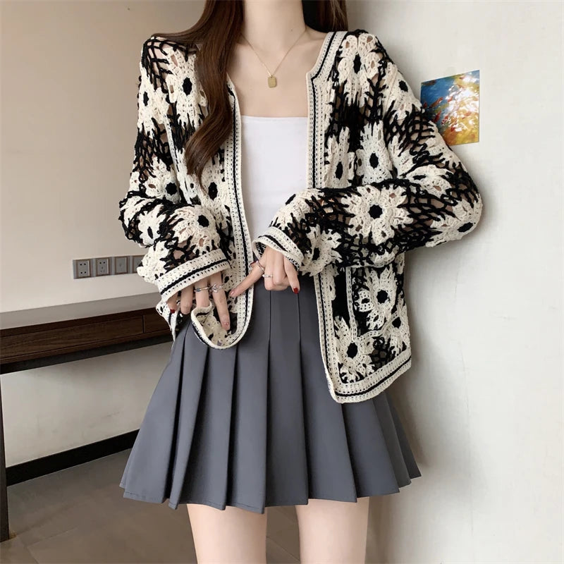 Daisy Crochet Cardigan for Women Openwork Long Sleeve Open Front Knitted Jacket Vintage Festival Outfit