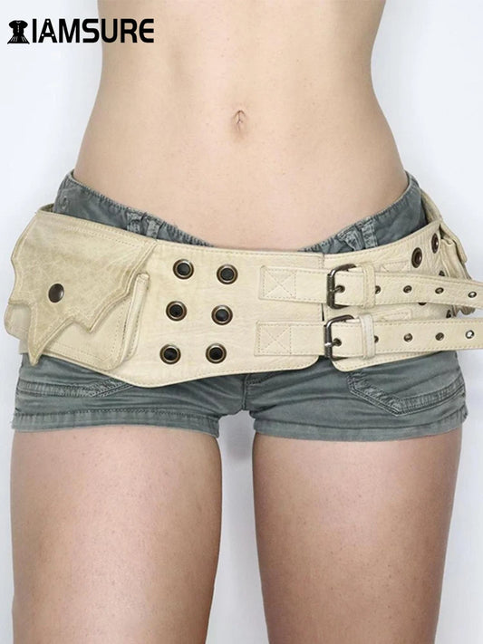 Vintage Big Pockets Pu Leather Belt Safari Style Women's Outdoor Fashion Decorative Waistband