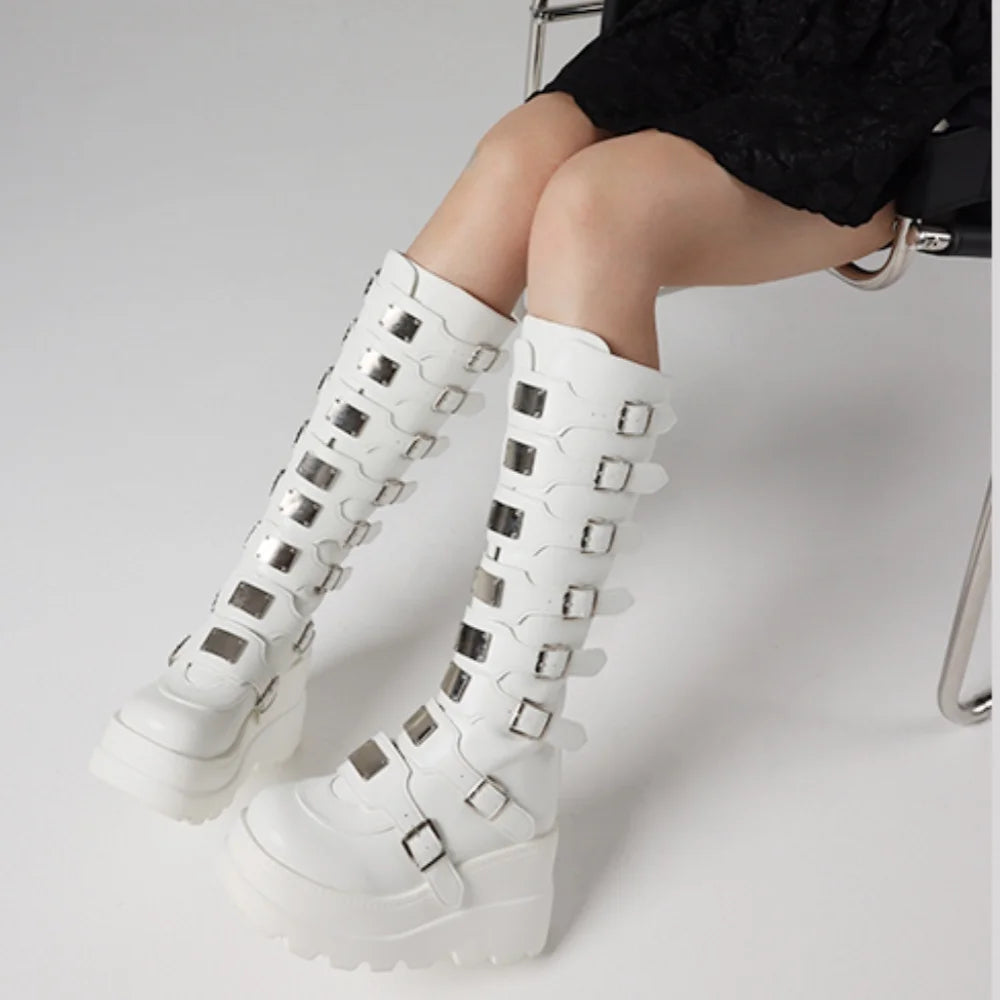 Goth Metal Buckle Combat Mid-Calf Boots For Women Round Toe Platform Chunky High Wedges