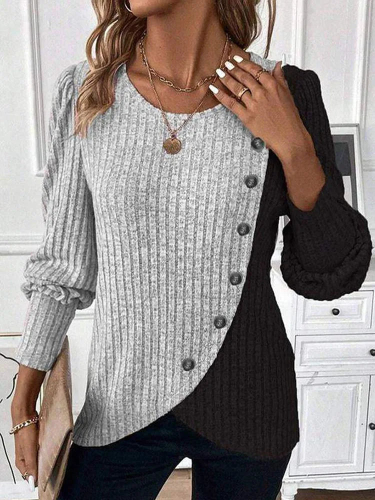 Long Sleeve Buttons Pit Striped Women Sweaters Contrast Color O-Neck Pullovers Loose Simple Knitted Clothing