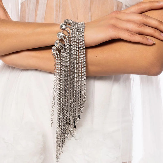 Fashion Tassel Bracelet Chain Long  Wrist Decoration Exquisite Geometric Rhinestone Open Bangle