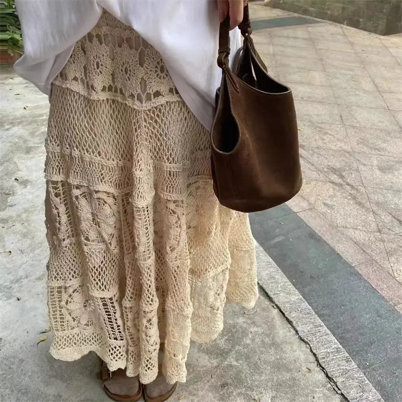 Vintage French Hollow Out Hook Flower Design Knit Skirt Vintage A-line Skirt