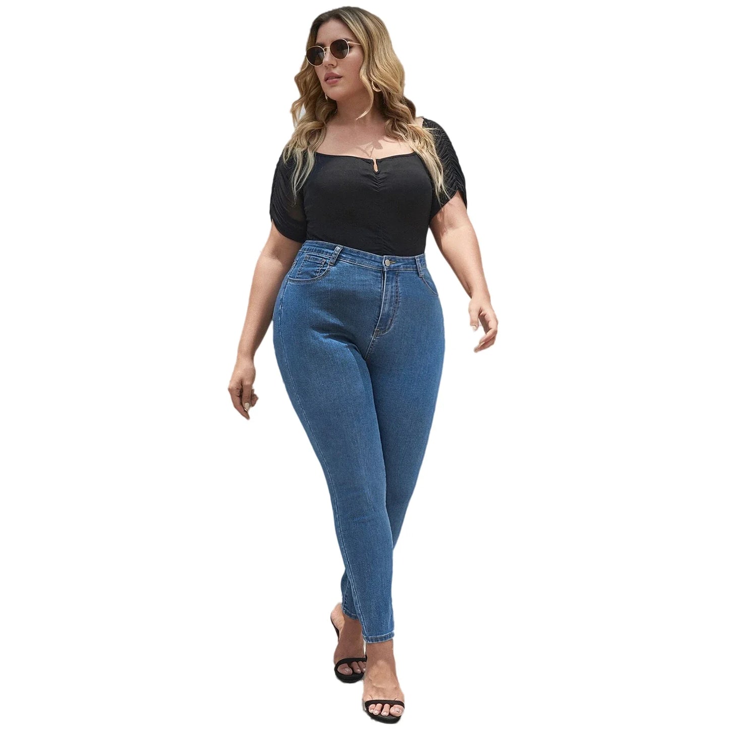 Plus Size Women Jeans  Full Length Denim Jeans High Waist High Stretchy  Denim Jeans