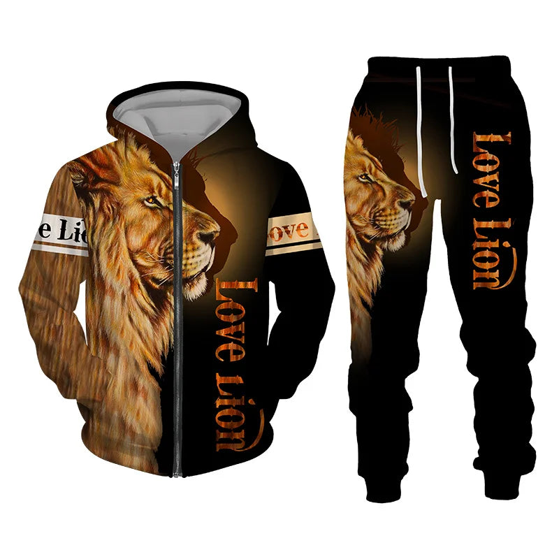 Men's Tracksuit 3D The Lion Print Zipper Hoodies Sweatshirts Pants Sets Casual Men's Clothing Women's Tracksuit