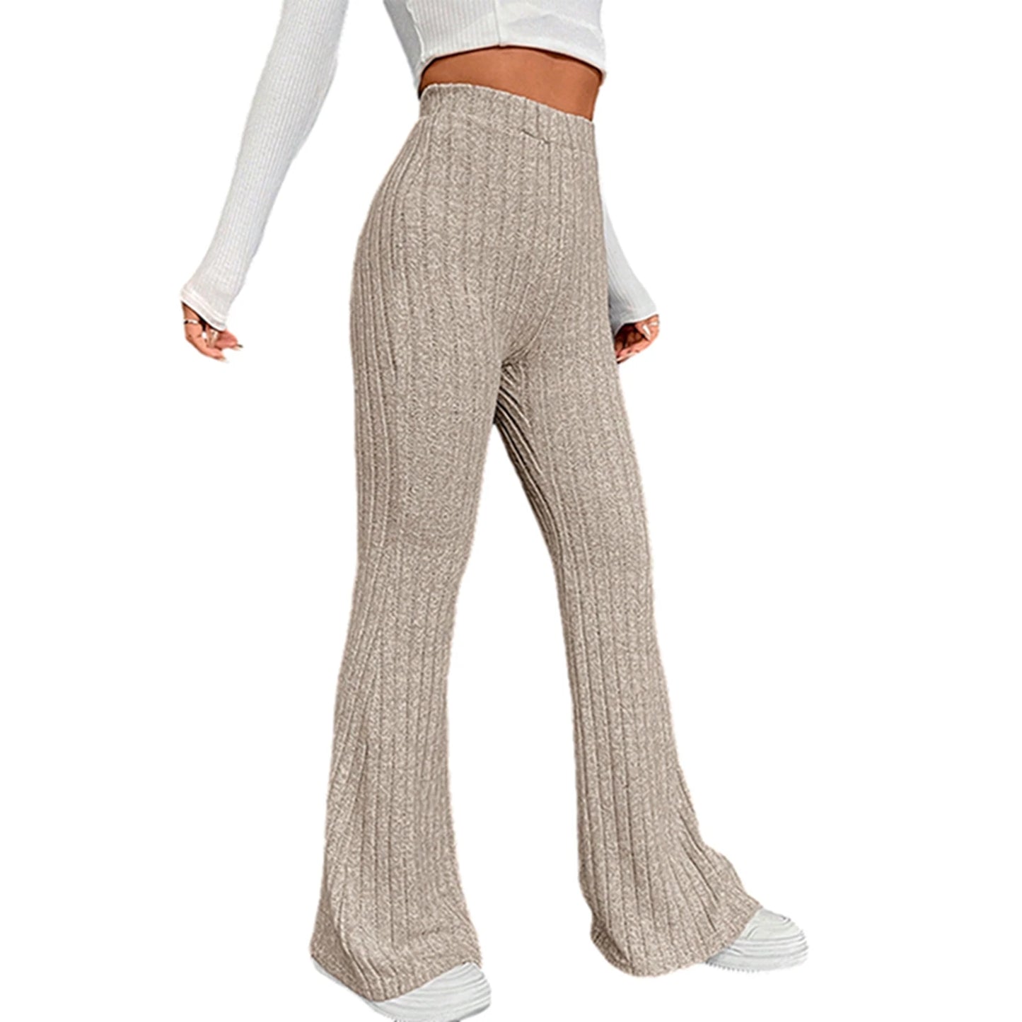 Women High Waist Flared Pants Casual Solid Color Ribbed Bell Bottoms Elastic Bootcut Trousers Streetwear